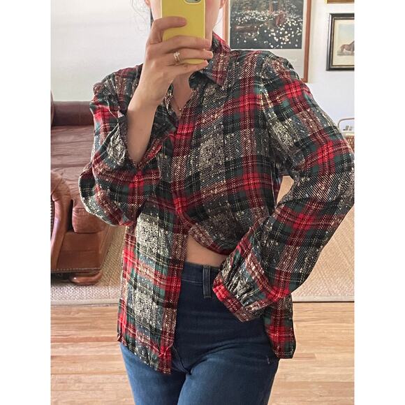 Vintage Carlisle Holiday Plaid Satin Silk Button Down Blouse - Picture 1 of 5